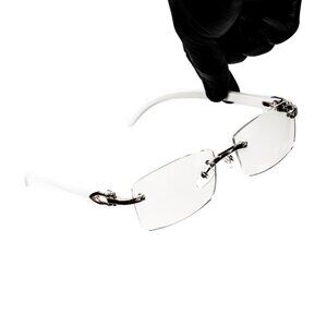 White Wood Grain Clear Lens Mens Silver Frame Rectangular Luxury Square Glasses